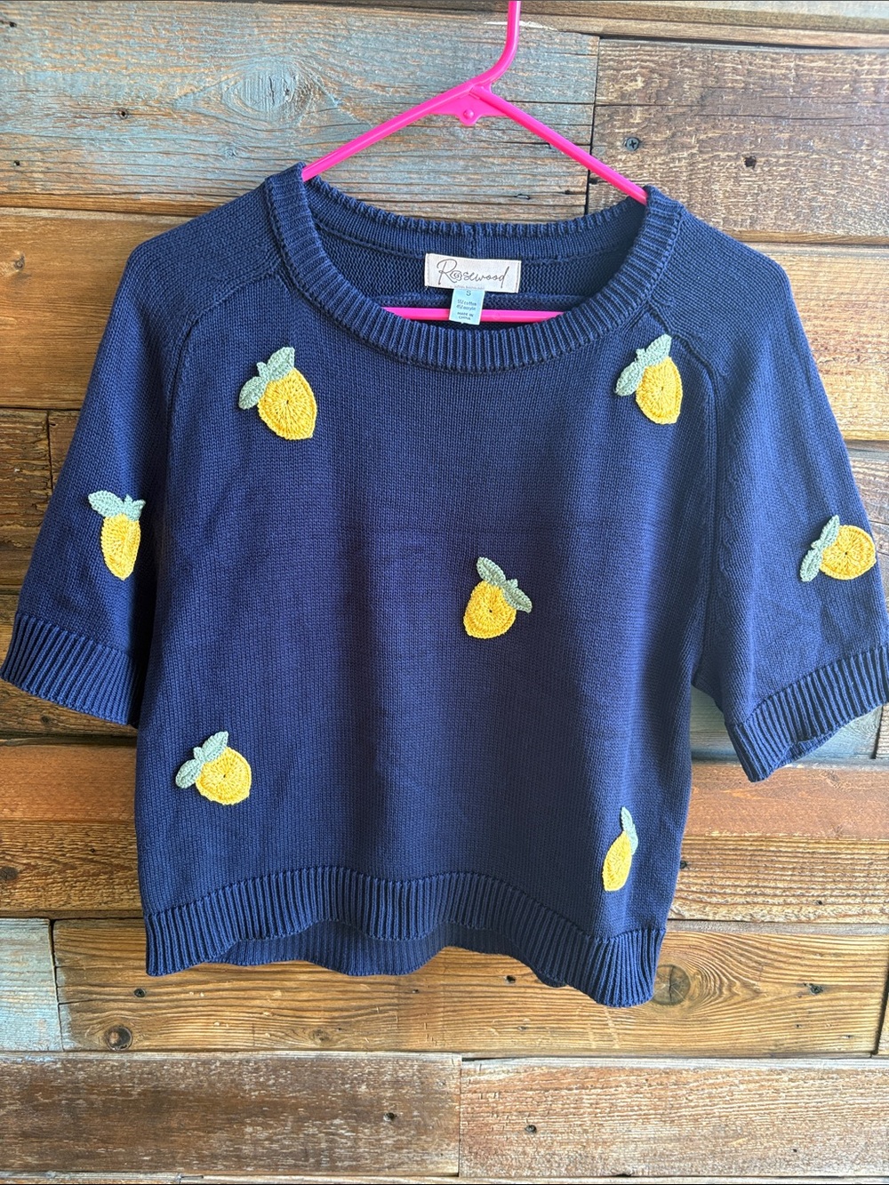Navy Knit Short-Sleeve Top with Yellow Lemon Embroidery